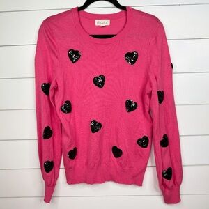 Marled Sweater Womens Size M Pink Knit Pullover Crew Neck Black Sequins Hearts